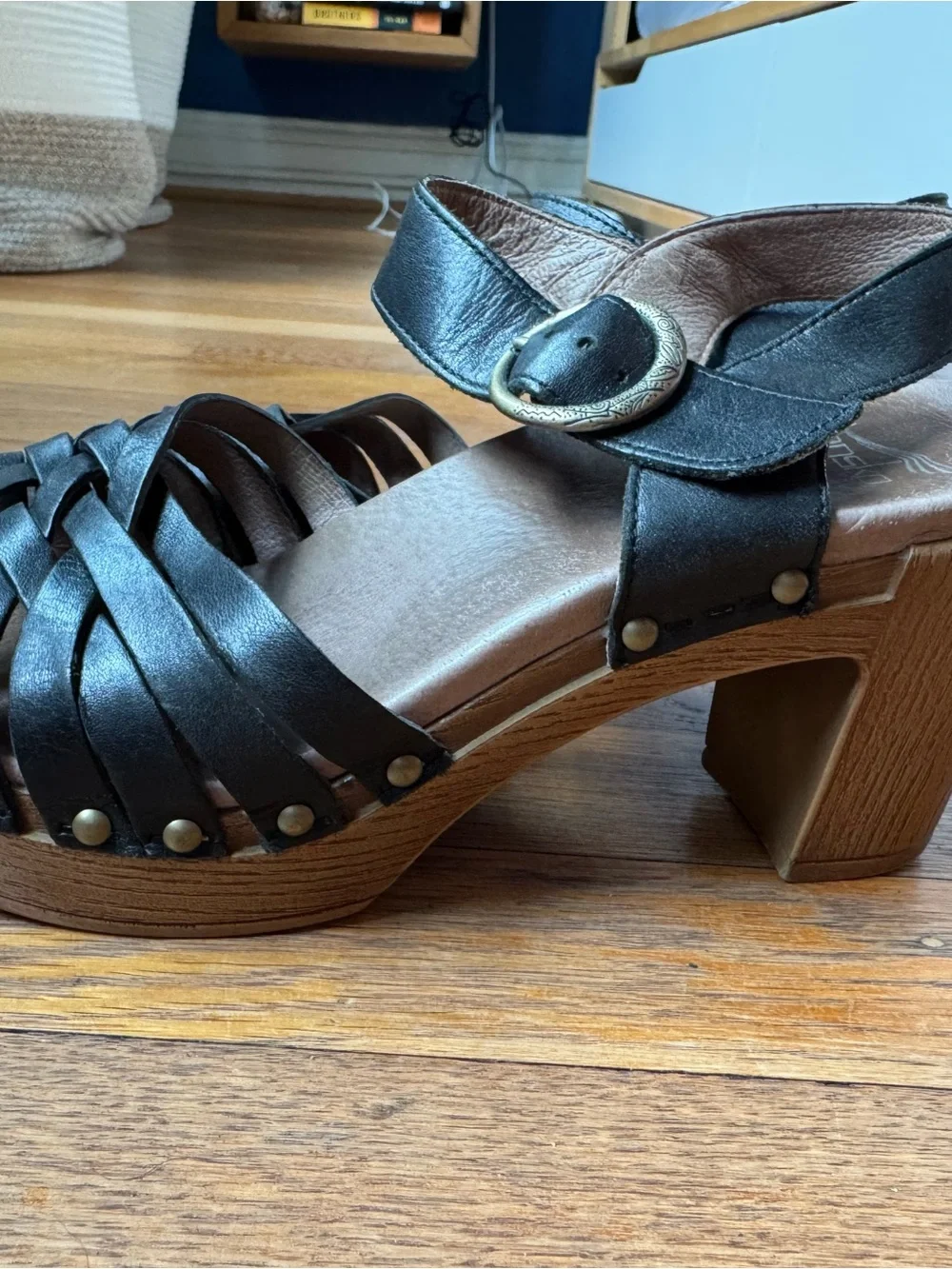 Dansko Black Leather Woven Strap Ankle Sandals